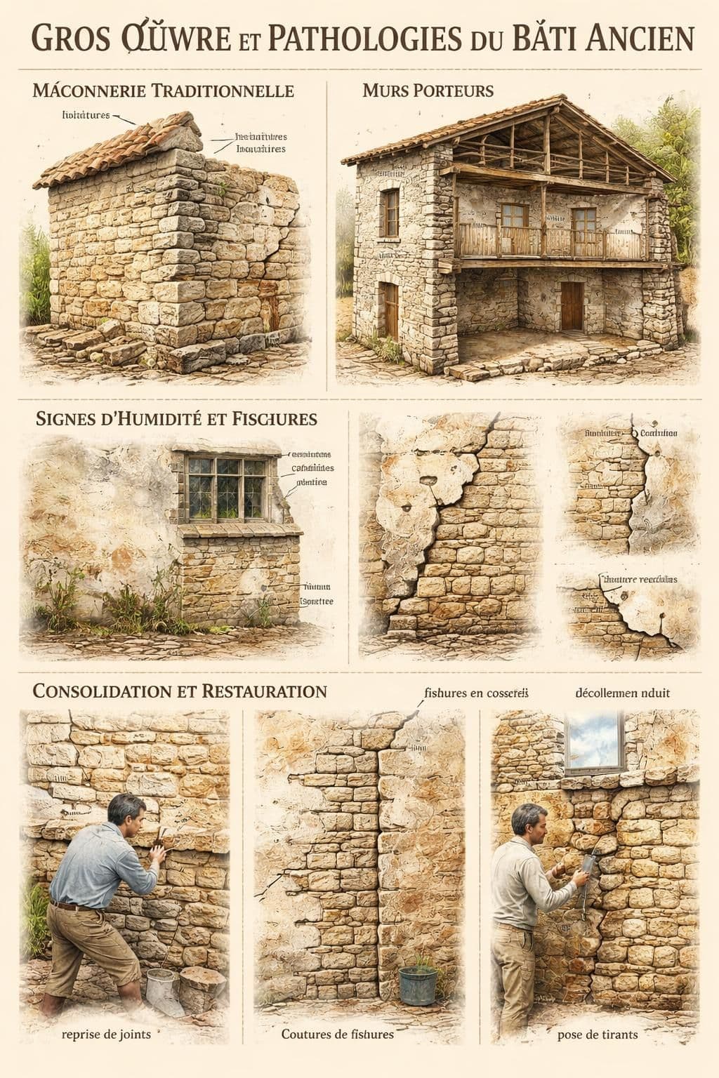 découvrez les techniques du gros œuvre et l'identification des pathologies du bâti ancien pour assurer la pérennité et la restauration des constructions historiques.